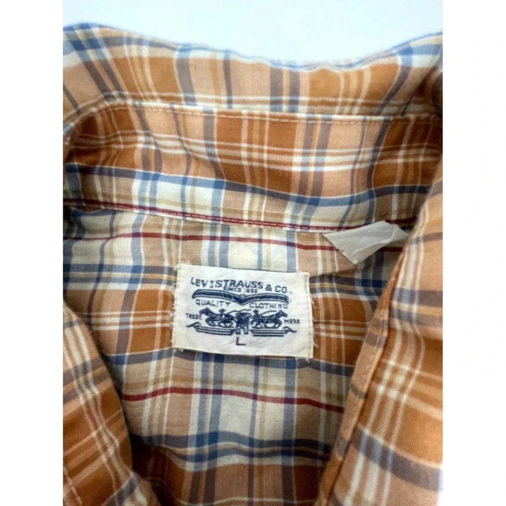Vintage Levi's Western Shirt Mens Large Brown Plaid Cowboy Outdoor‎ Pearl Snap